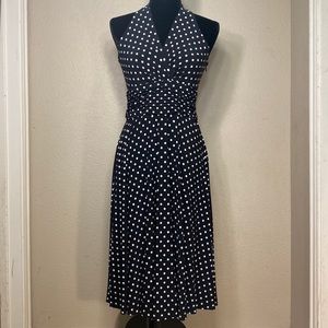 Women’s Black Halter Dress, Polka Dots, V-Neck, Sleeveless, Midi Length, Size M